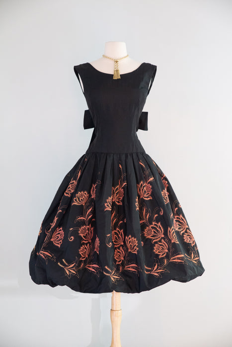 Stunning 1950's Jacobean Floral Embroidered Black Taffeta Party Dress / S