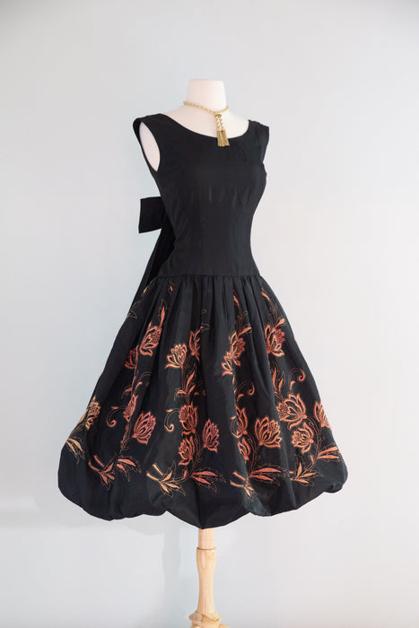 Stunning 1950's Jacobean Floral Embroidered Black Taffeta Party Dress / S