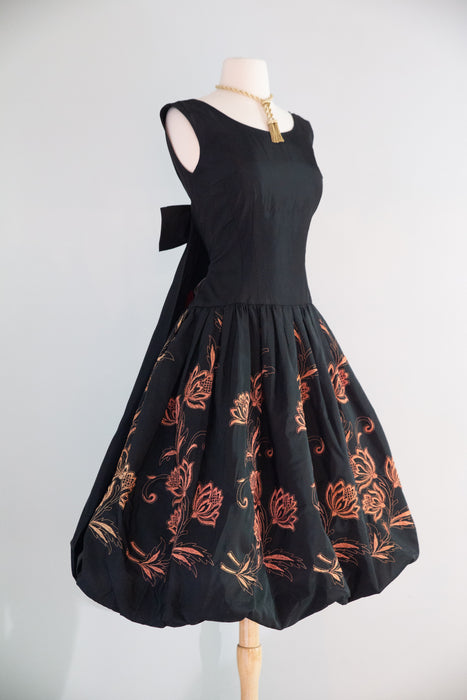 Stunning 1950's Jacobean Floral Embroidered Black Taffeta Party Dress / S