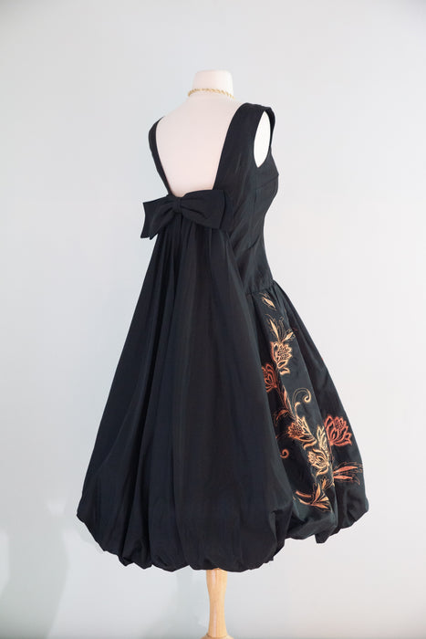 Stunning 1950's Jacobean Floral Embroidered Black Taffeta Party Dress / S