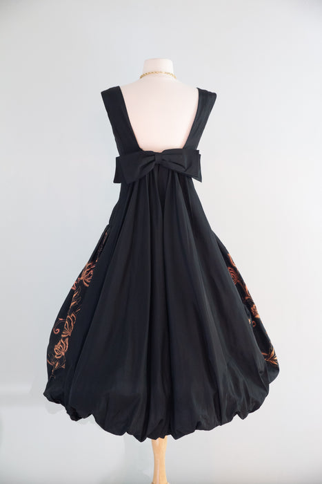 Stunning 1950's Jacobean Floral Embroidered Black Taffeta Party Dress / S