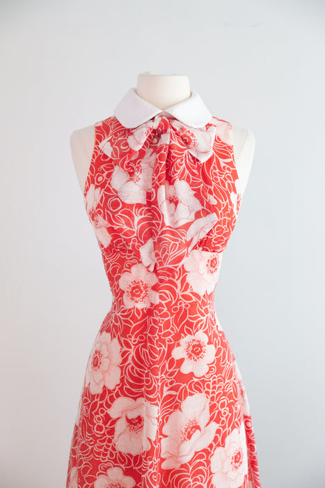 Fab 1970's Red and White Cotton Voile Maxi Dress With Bow / XS