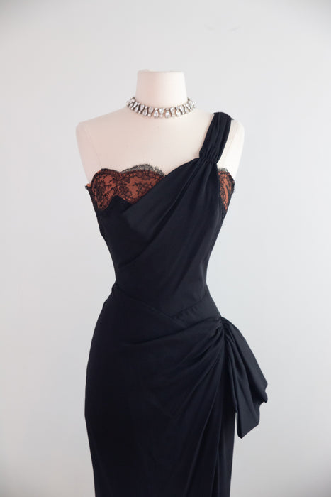 Sublime Late 1940's Black Crepe Cocktail Dress With Chantilly Lace / Small