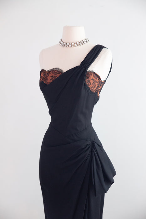 Sublime Late 1940's Black Crepe Cocktail Dress With Chantilly Lace / Small