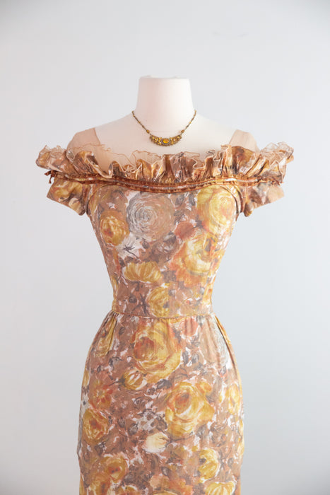 Fabulous 1950's Golden Floral Cotton Print Cocktail Dress By Peggy Hunt / S