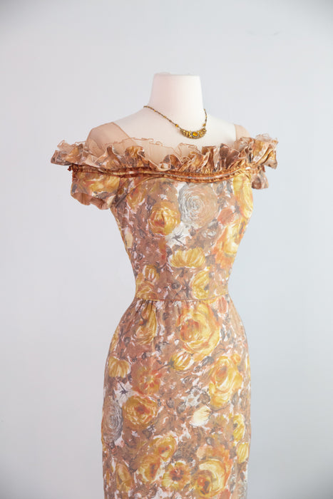Fabulous 1950's Golden Floral Cotton Print Cocktail Dress By Peggy Hunt / S