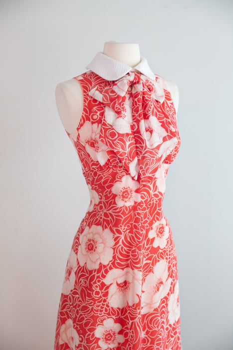 Fab 1970's Red and White Cotton Voile Maxi Dress With Bow / XS