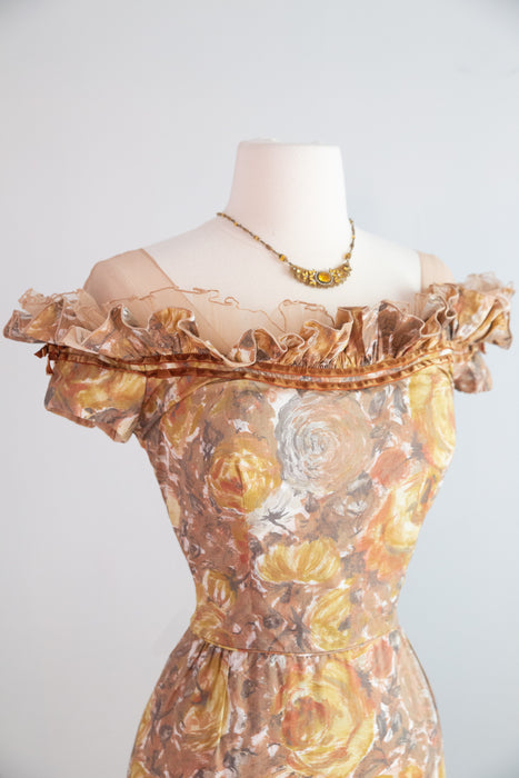Fabulous 1950's Golden Floral Cotton Print Cocktail Dress By Peggy Hunt / S