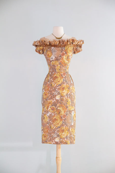 Fabulous 1950's Golden Floral Cotton Print Cocktail Dress By Peggy Hunt / S Fabulous 1950's Golden Floral Cotton Print Cocktail Dress By Peggy Hunt / S