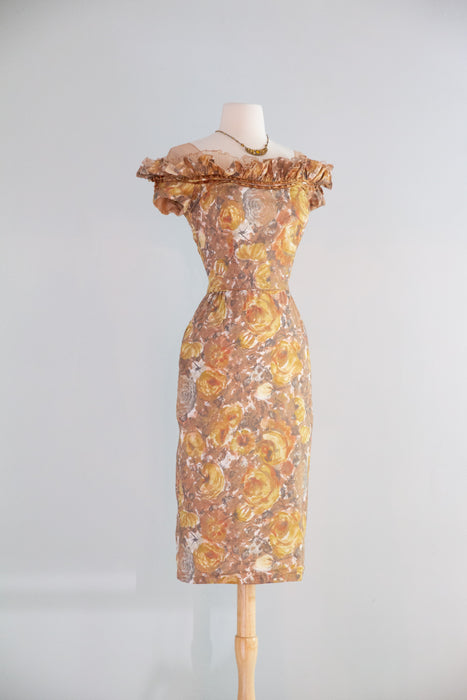 Fabulous 1950's Golden Floral Cotton Print Cocktail Dress By Peggy Hunt / S