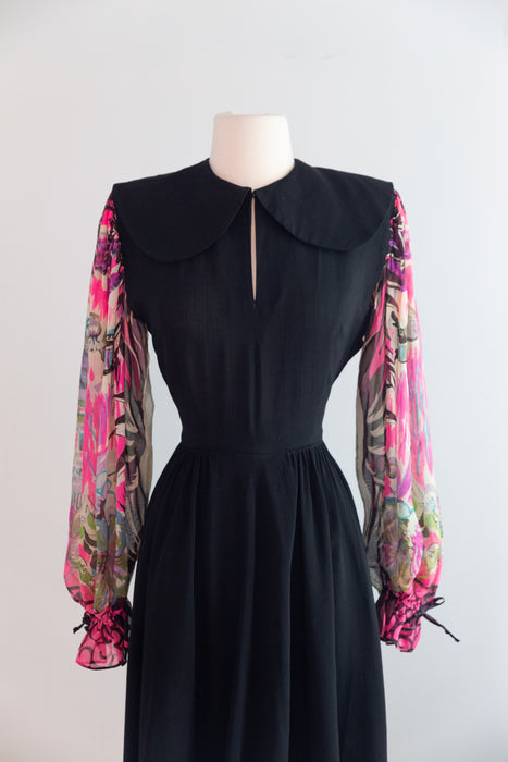 Fabulous 1940's Black Rayon Dress With Marvelous Mariachi Print Sleeves / SM
