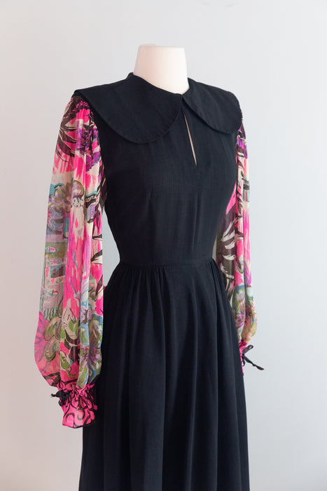 Fabulous 1940's Black Rayon Dress With Marvelous Mariachi Print Sleeves / SM