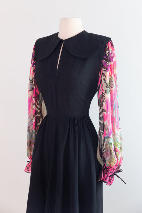 Fabulous 1940's Black Rayon Dress With Marvelous Mariachi Print Sleeves / SM
