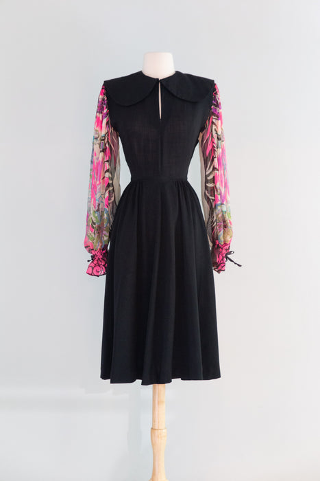 Fabulous 1940's Black Rayon Dress With Marvelous Mariachi Print Sleeves / SM