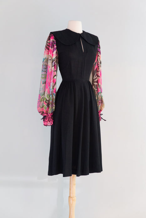 Fabulous 1940's Black Rayon Dress With Marvelous Mariachi Print Sleeves / SM