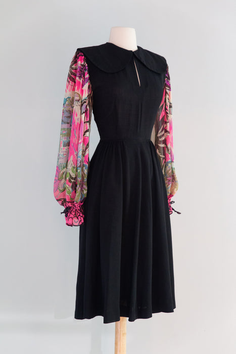 Fabulous 1940's Black Rayon Dress With Marvelous Mariachi Print Sleeve Xtabay Vintage Fabulous 1940's Black Rayon Dress With Marvelous Mariachi Print Sleeve Xtabay Vintage