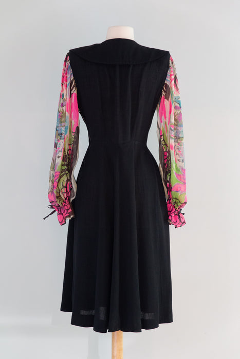Fabulous 1940's Black Rayon Dress With Marvelous Mariachi Print Sleeve –  Xtabay Vintage