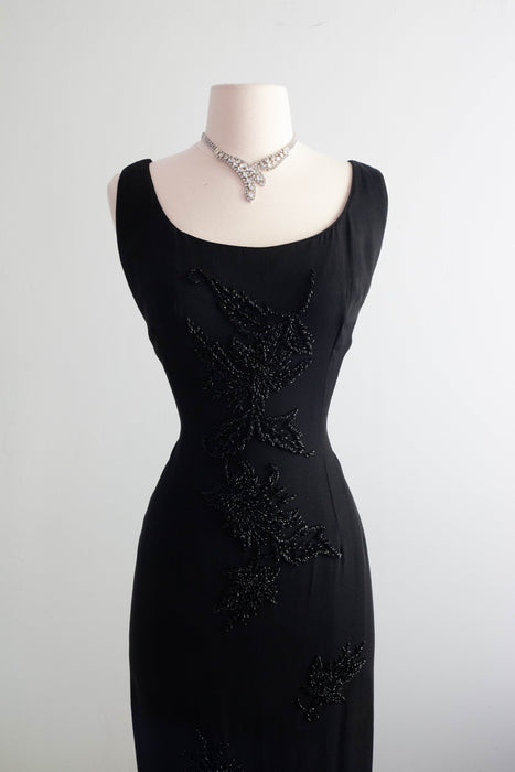 Dramatic 1960's Black Hourglass Evening Dress With Beading and Slit / Medium