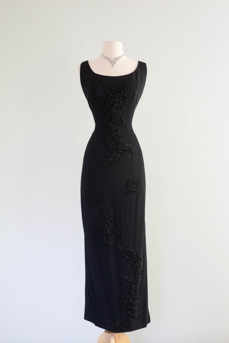 Dramatic 1960's Black Hourglass Evening Dress With Beading and Slit / Medium