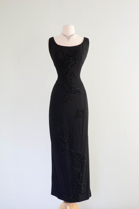Dramatic 1960's Black Hourglass Evening Dress With Beading and Slit / Xtabay Vintage Dramatic 1960's Black Hourglass Evening Dress With Beading and Slit / Xtabay Vintage
