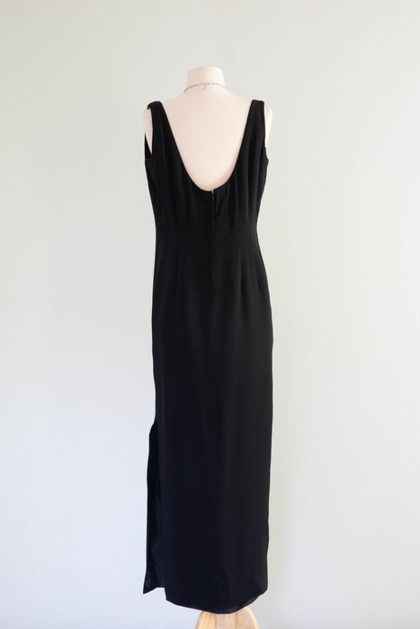 Dramatic 1960's Black Hourglass Evening Dress With Beading and Slit / Medium