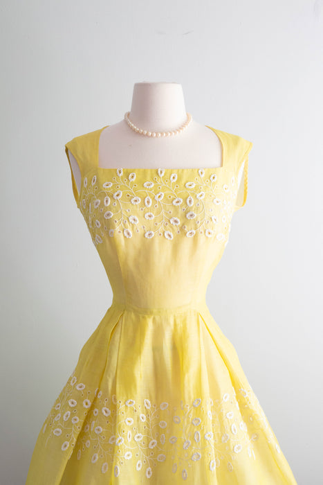 Vintage 1950's Sunshine Day Yellow Eyelet Cotton Dress / Medium