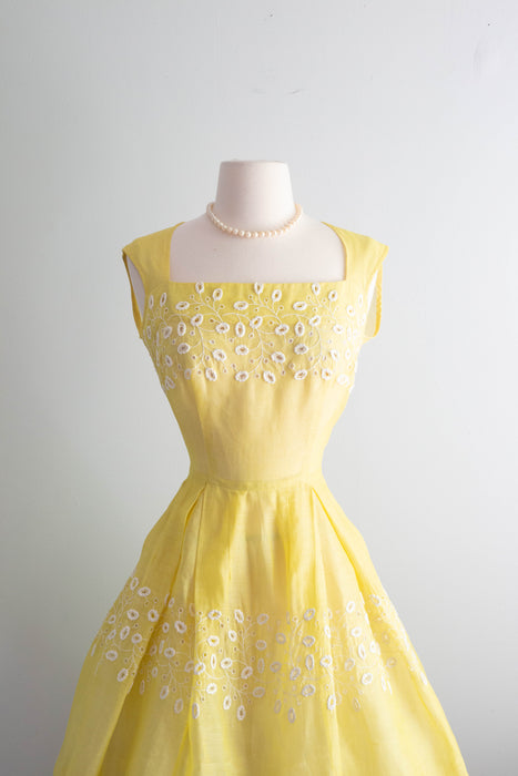 Vintage 1950's Sunshine Day Yellow Eyelet Cotton Dress / Medium