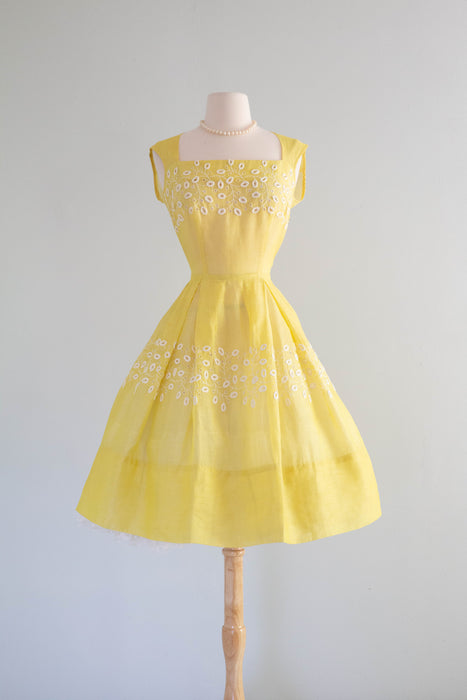 Vintage 1950's Sunshine Day Yellow Eyelet Cotton Dress / Medium