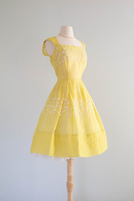 Vintage 1950's Sunshine Day Yellow Eyelet Cotton Dress / Medium