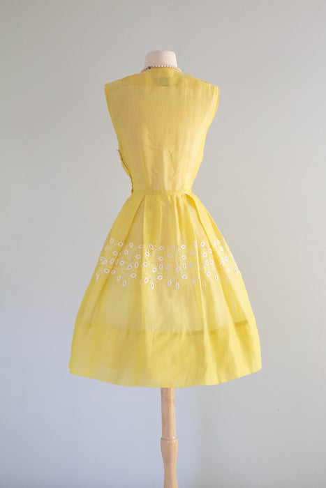 Vintage 1950's Sunshine Day Yellow Eyelet Cotton Dress / Medium