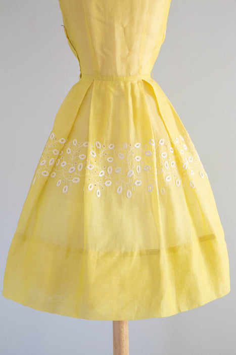 Vintage 1950's Sunshine Day Yellow Eyelet Cotton Dress / Medium