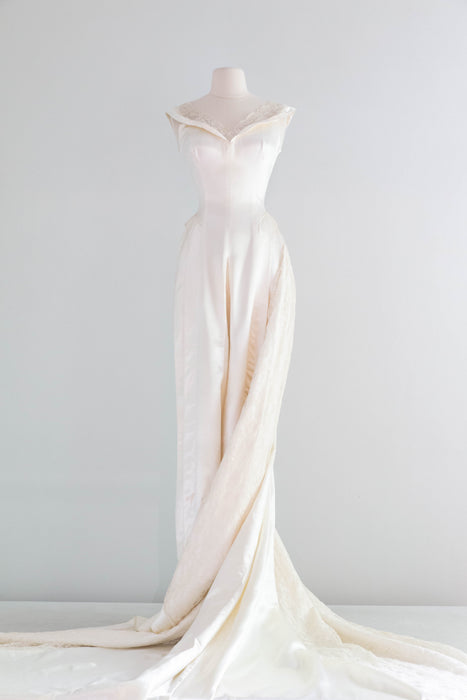 slipper satin dress Breathtaking 1940's Ivory Slipper Satin Wedding Gown With Illusion Nec Xtabay Vintage