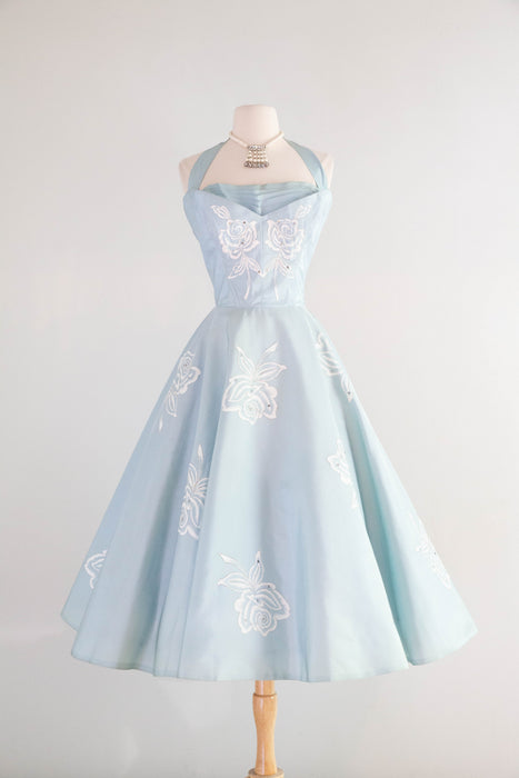 Exquisite 1950's Pale Wedgewood Blue Taffeta Halter Dress With Roses / Xtabay Vintage Exquisite 1950's Pale Wedgewood Blue Taffeta Halter Dress With Roses / Xtabay Vintage