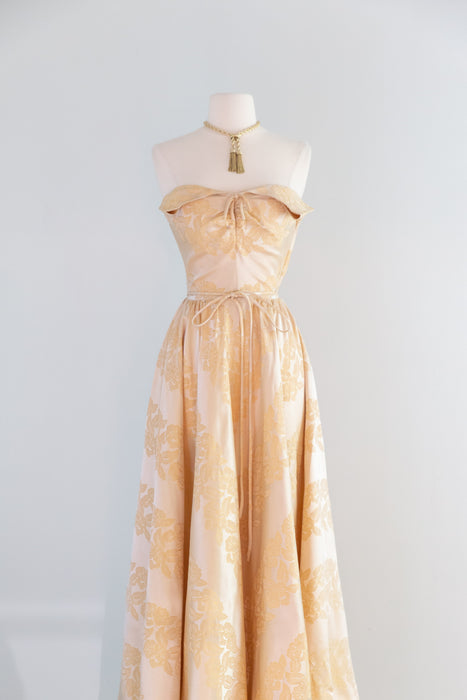 Glamorous 1950's Moonlit Garden Brocade Strapless Evening Gown / XS