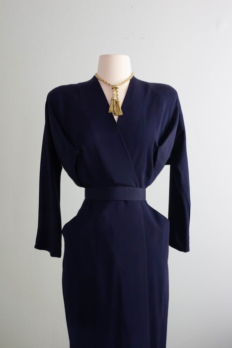 Sophisticated 1940's Dorothy O'Hara Navy Blue Rayon Wrap Dress / ML