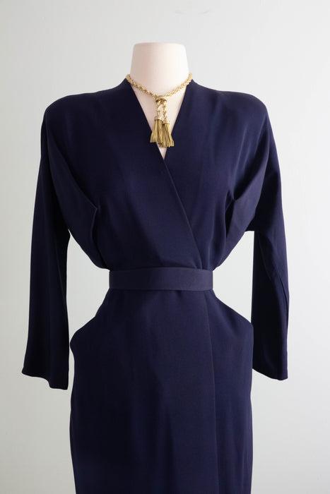 Sophisticated 1940's Dorothy O'Hara Navy Blue Rayon Wrap Dress / ML