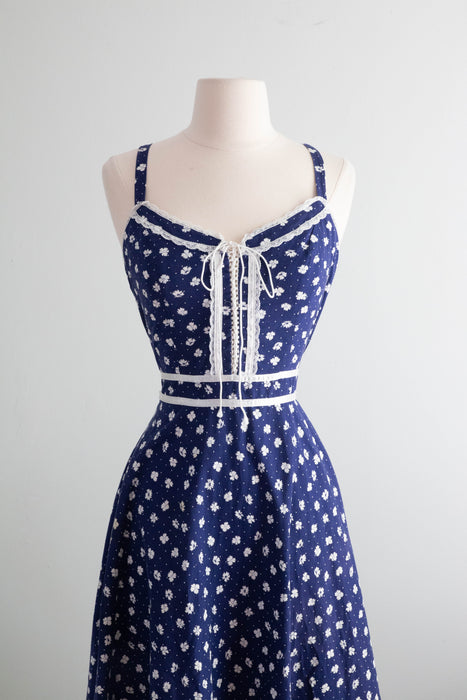 Pretty 1970's Gunne Sax Style Cotton Sundress In Blue Calico / Small