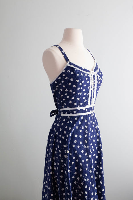 Pretty 1970's Gunne Sax Style Cotton Sundress In Blue Calico / Small