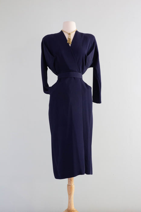 Sophisticated 1940's Dorothy O'Hara Navy Blue Rayon Wrap Dress / ML