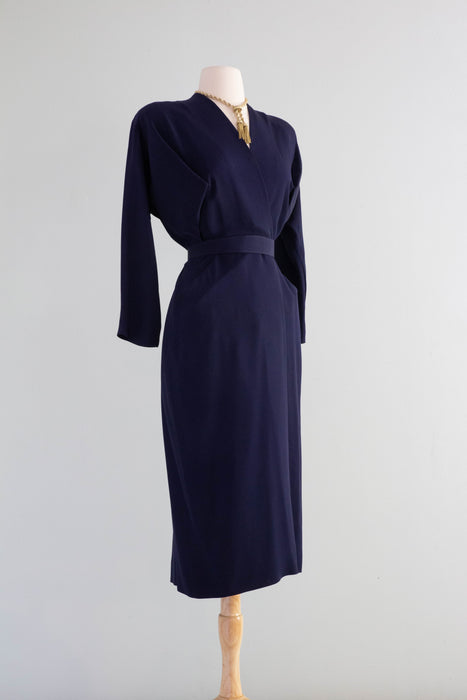 Sophisticated 1940's Dorothy O'Hara Navy Blue Rayon Wrap Dress / ML