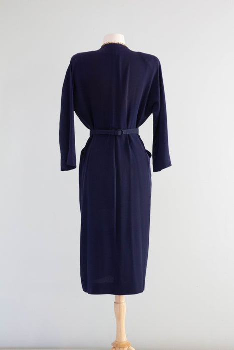 Sophisticated 1940's Dorothy O'Hara Navy Blue Rayon Wrap Dress / ML