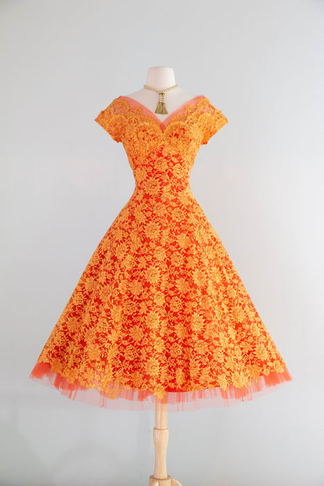 Fabulous 1950's Blood Orange Lace Demi Couture Party Dress By Peggy Hu – Xtabay Vintage Fabulous 1950's Blood Orange Lace Demi Couture Party Dress By Peggy Hu – Xtabay Vintage