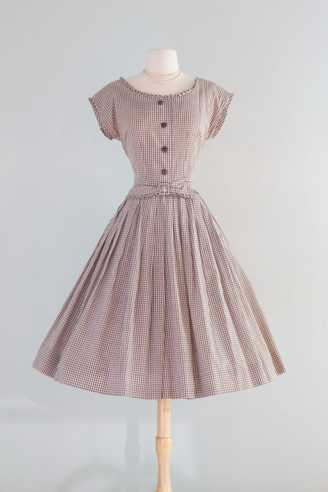 Classic 1950's Coffee & Cream Gingham Cotton Day Dress By R&K / SM
