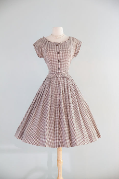 Classic 1950's Coffee & Cream Gingham Cotton Day Dress By R&K / SM