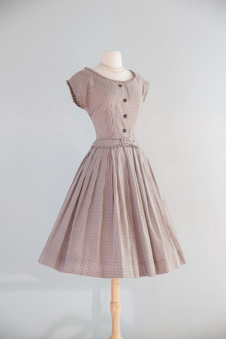 Classic 1950's Coffee & Cream Gingham Cotton Day Dress By R&K / SM