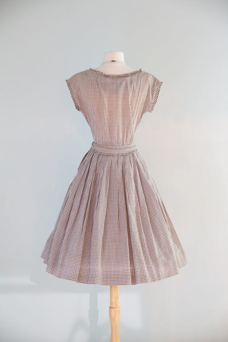 Classic 1950's Coffee & Cream Gingham Cotton Day Dress By R&K / SM
