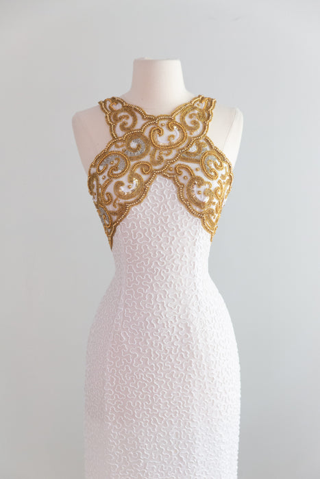 Stunning Vintage White & Gold Fully Beaded Silk Evening Gown / S Xtabay Vintage Stunning Vintage White & Gold Fully Beaded Silk Evening Gown / S Xtabay Vintage
