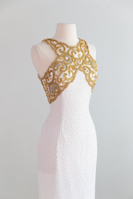 Stunning Vintage White & Gold Fully Beaded Silk Evening Gown / S Xtabay Vintage Stunning Vintage White & Gold Fully Beaded Silk Evening Gown / S Xtabay Vintage