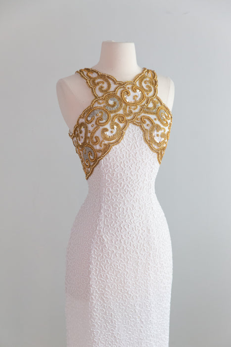 Stunning Vintage White & Gold Fully Beaded Silk Evening Gown / S