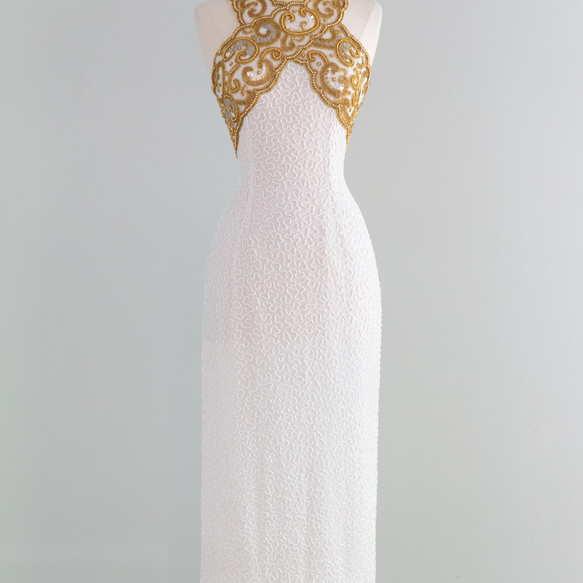 Stunning Vintage White & Gold Fully Beaded Silk Evening Gown / S Xtabay Vintage Stunning Vintage White & Gold Fully Beaded Silk Evening Gown / S Xtabay Vintage